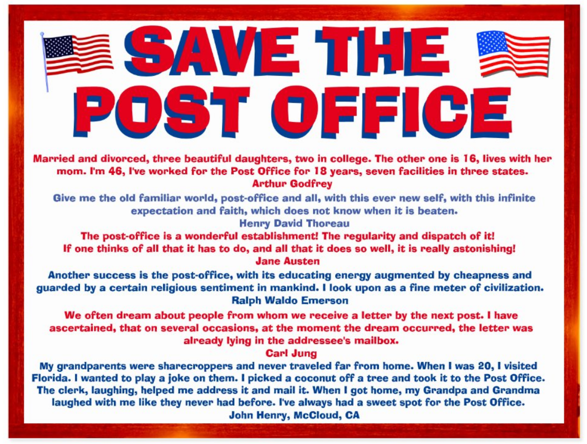 SAVE OUR POST OFFICE SYSTEM - UNDER ATTACK BY PANDEMICS AND POLITICS - a postcard ALERT