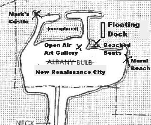 Local Government-produced map of Albany Landfill area, detail of harbor, floating dock, and west lagoon